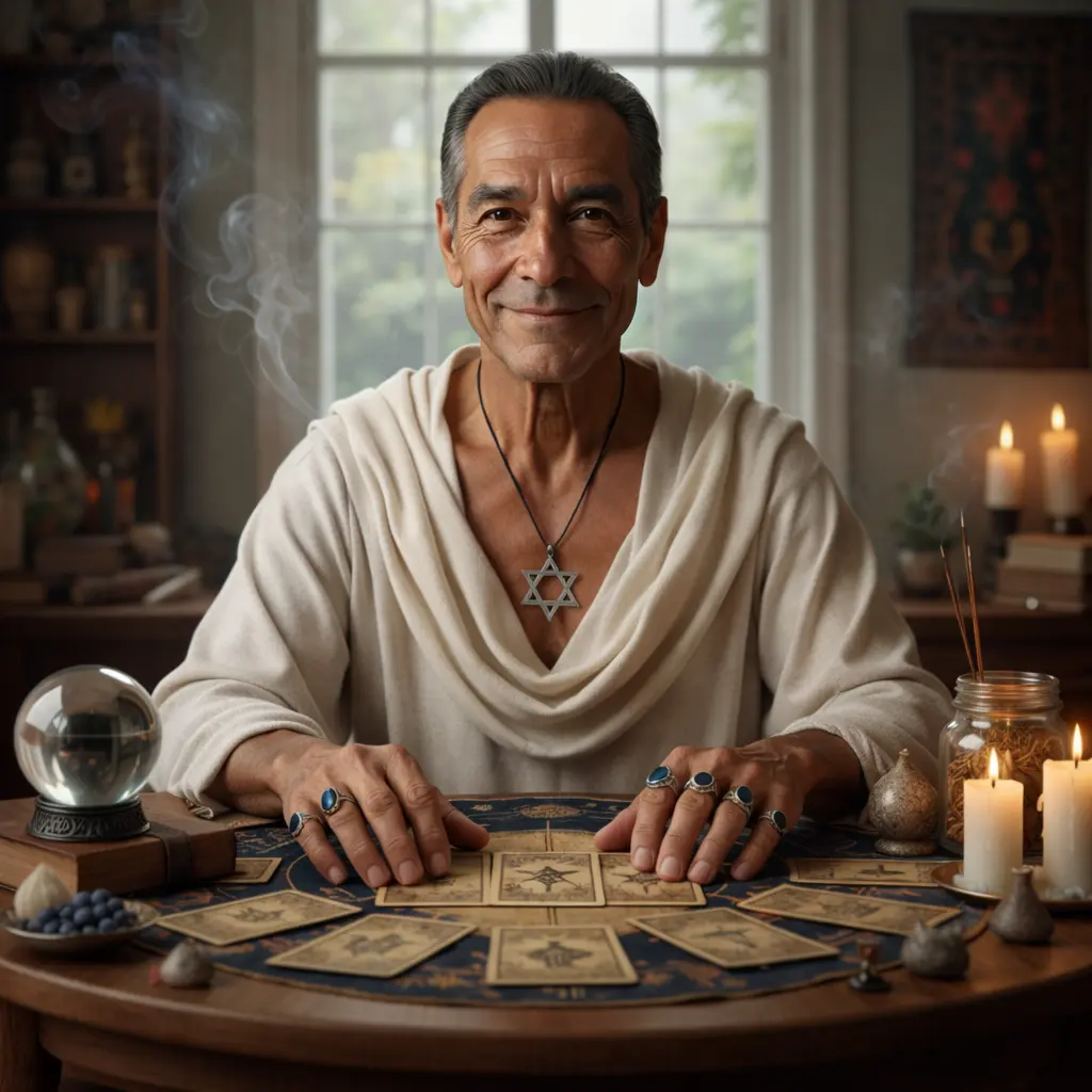 Brujo Ancestral Alejandro realizando ritual esotérico con velas y cristales