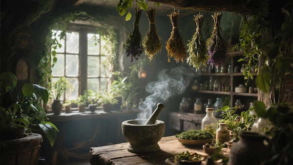 Altar de brujería ancestral con velas, hierbas, runas y cuencos